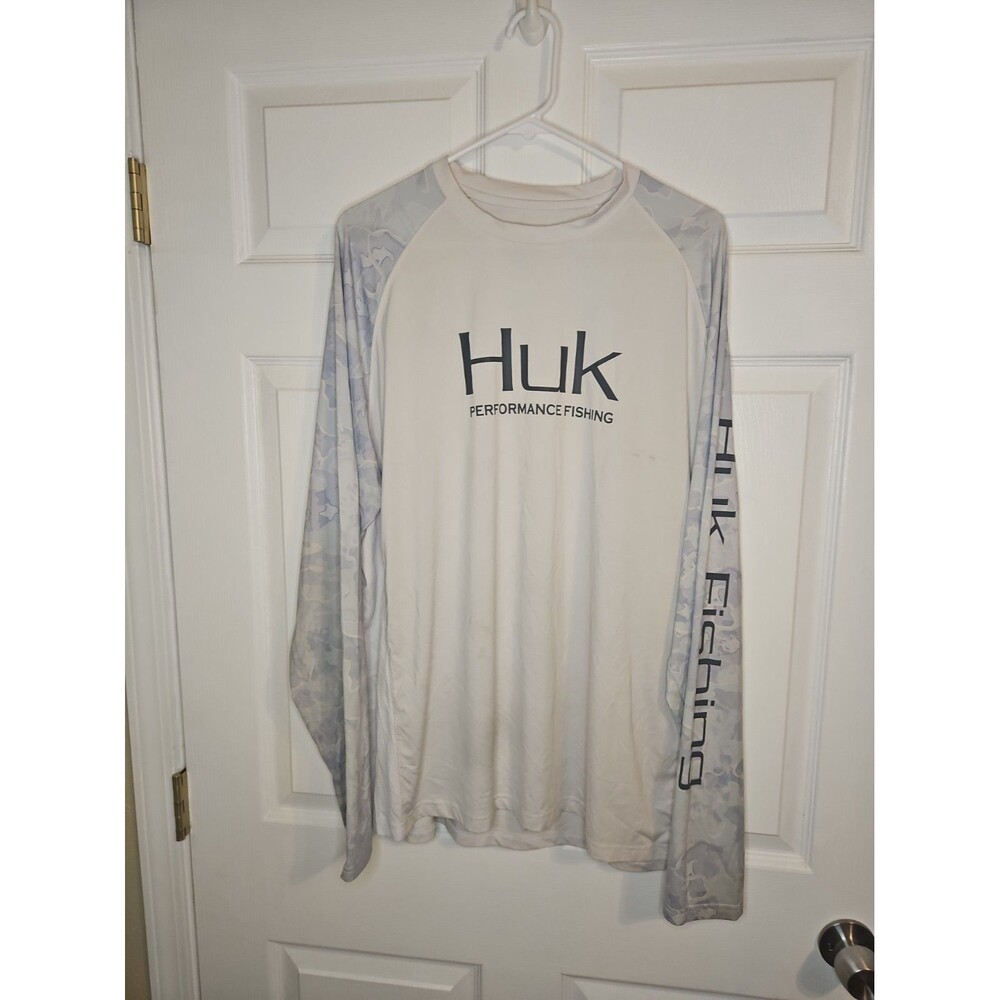 Huk Men’s Performance Fishing Long Sleeve Shirt Size XL White Blue Lightweight